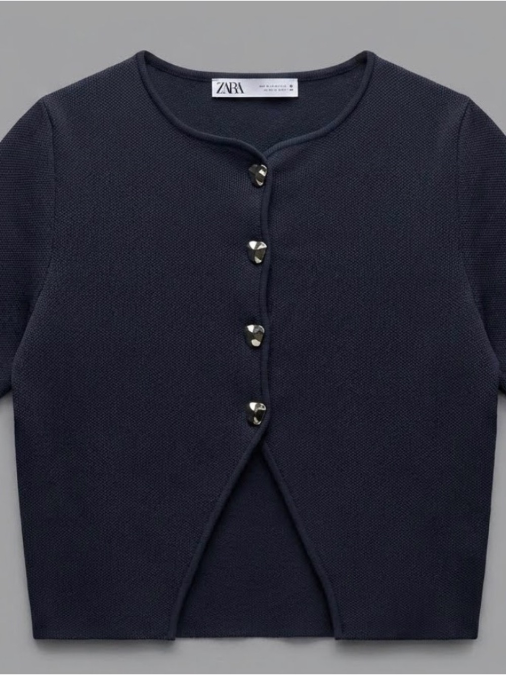 Zara Dark Navy Short-Sleeve Knit Cardigan with Decorative Buttons - Picture 2 of 4